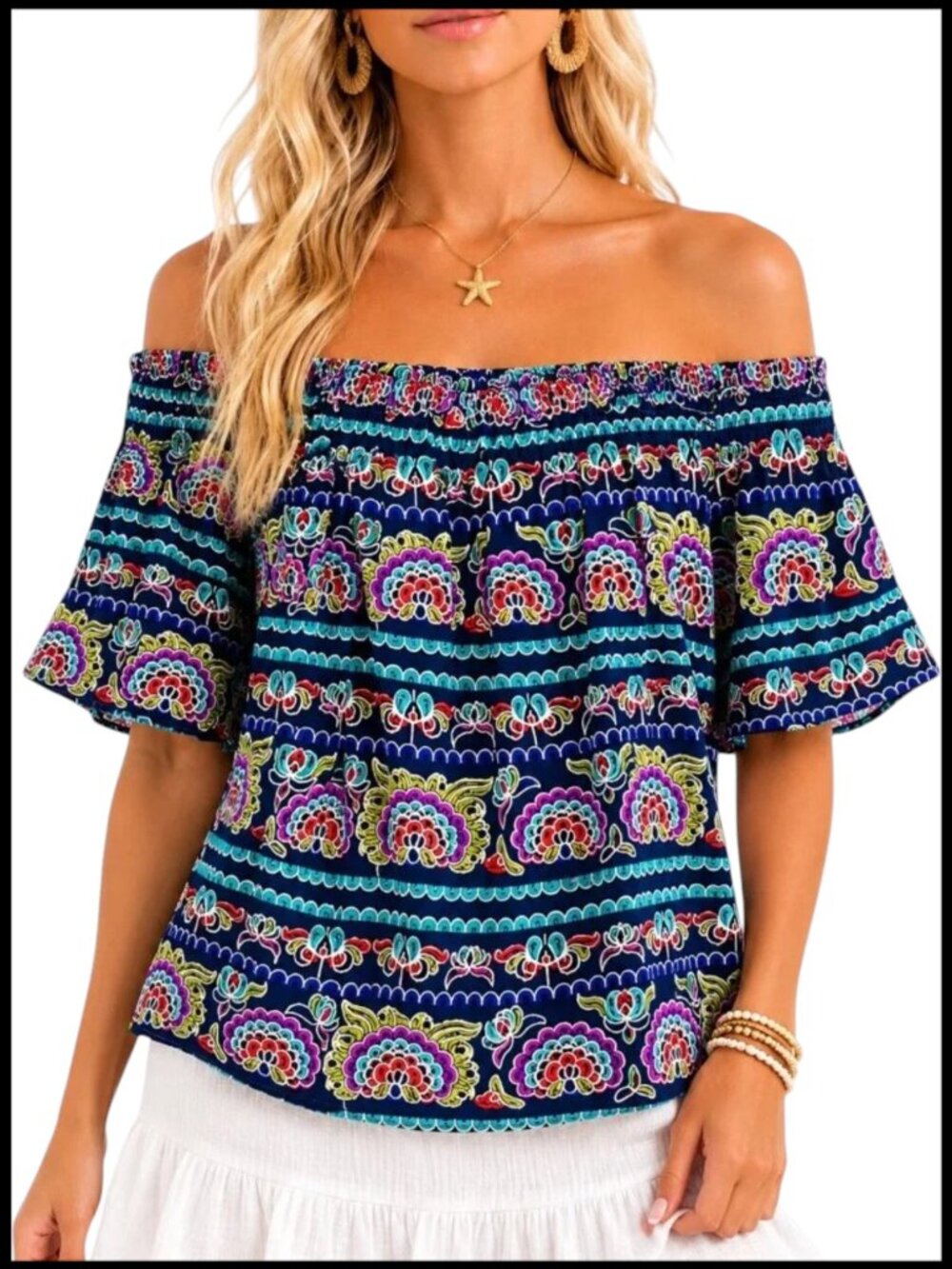 Aqua Peasant Top Navy Multicolor Embroidered Off Shoulder M